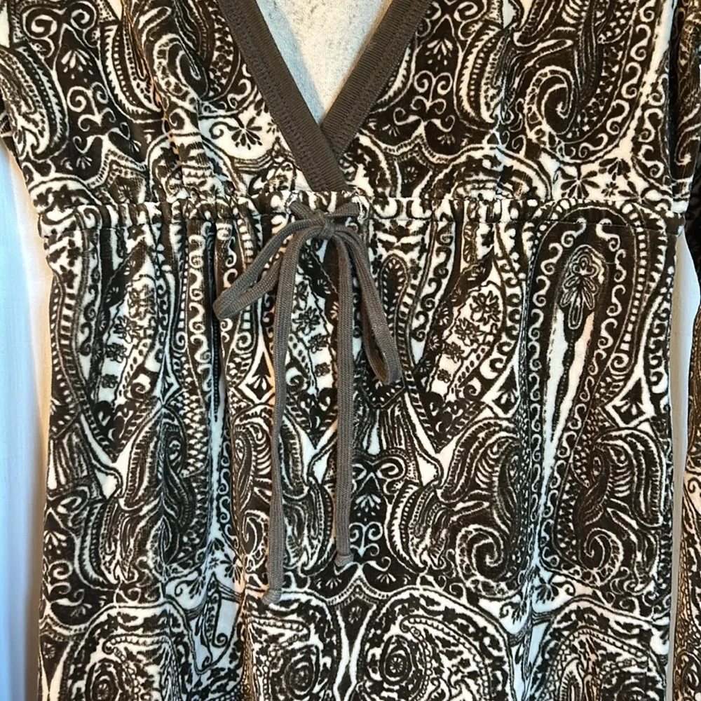 Y2K Juicy Couture Paisley Velour Olive & Tan Umpire Waist Drawstring Dress M - Picture 3 of 11